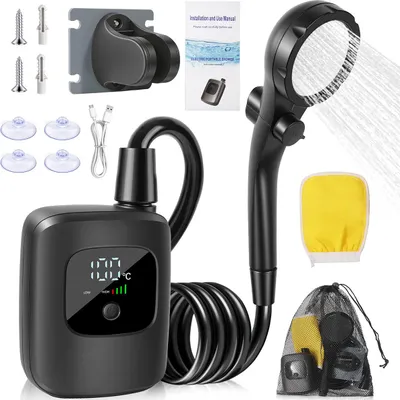 Produktbild von Tragbare Camping-Dusche 2400mAh, wiederaufladbar, LED Display, 4 Sprühmuster, für Outdoor, Wandern, Auto, Haustiere