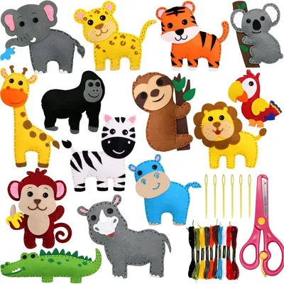 A collage of felt craft animal kits, including sewing needles, thread, and scissors.