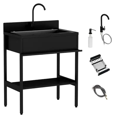 Produktbild von Mobile Spüle Edelstahl Spültisch Outdoor Freistehende Küchenspüle Gewerbliche Spülbecken Ausgussbecken Multifunktions Waschtisch Waschbecken 1 Becken mit Wasserhahn für Garage Camping Außen(96x51x94cm