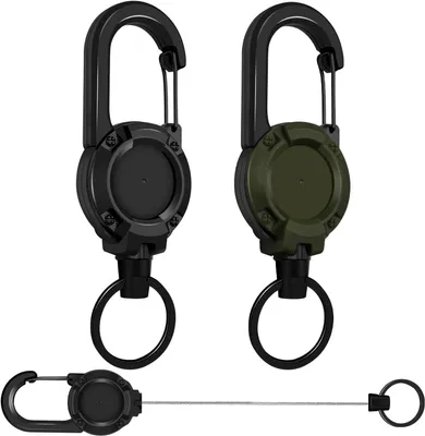 Image de Lot de 2 porte-clés rétractables, cordons et porte-badges avec câble en acier et mousqueton (noir et vert)