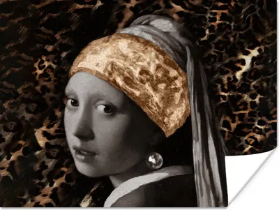 Produktbild von MuchoWow® Poster Mädchen mit Perlenohrring - Gemälde - Pantherdruck 120x90 cm - Wandbild
