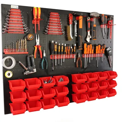 Immagine prodotto di Tavolo da officina - Pannello portaoggetti - 120 x 90 cm - Metallo - Pieghevole - 24 contenitori - Maniglie rosse