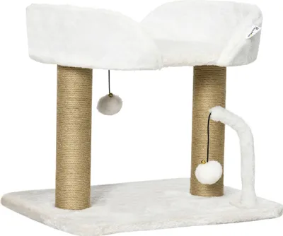 Image de PawHut Arbre à chat grattoir design avec jeu 2 pompons suspendus 2 poteaux sisal + plateforme peluche - 48 x 38 x 42 cm - sisal beige