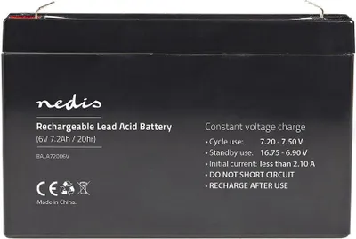Zdjęcie produktu dla Nedis BALA72006V, Ołowiany (VRLA), 6 V, 1 szt., Czarny, 7,2 Ah, CE