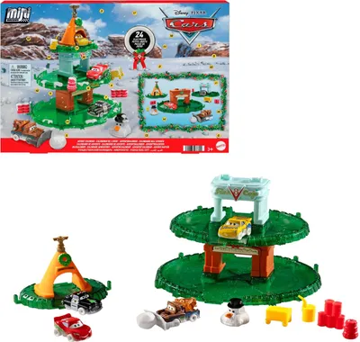 A collage of images showing a Disney Pixar Cars themed advent calendar and two separate toy playsets with toy cars and accessories.