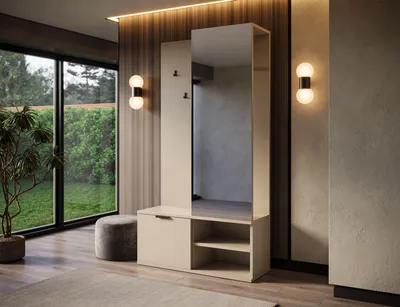 Produktbild von MOEBLO Flurgarderobe Schrank Kompaktgarderobe – Dielenschrank Wandschrank Regal für Diele & Flur Kleiderschrank Schuhschrank mit Spiegel - Garderobe VALENTIA - Kaschmir