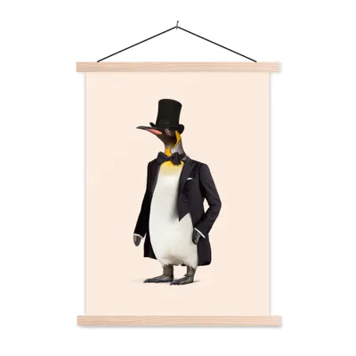 Produktbild von MuchoWow® Textilposter Pinguin - Tier - Hut - Colbert - Schwarz 60x80 cm mit holzfarbenen Rahmen - Wandbild