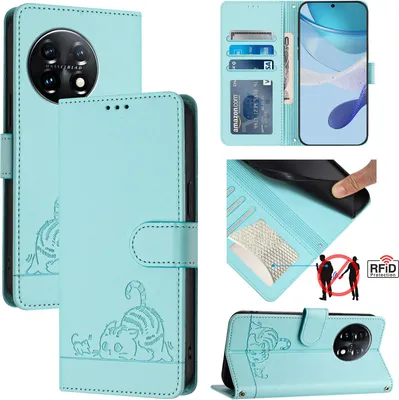 Produktbild von Leder Hülle für OnePlus 11 Süße Katze Flip Case Brieftasche Schutzhülle mit Standfunktion hellgrün