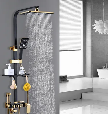 Produktbild von Duschsystem mit Regendusche Handbrause Duschset Dusche Kopfbrause Duscharmatur (schwarz+gold)