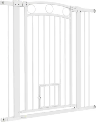 Produktbild von 106 cm hohes Haustiergitter mit anpassbarer Breite, integrierte Katzentür, für Treppen und Türrahmen, Weiß