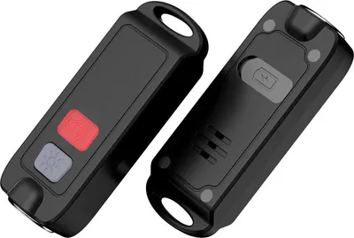 Two black personal alarms are shown from different angles against a white background.