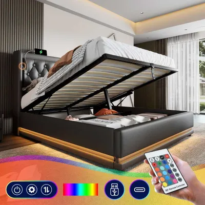 Produktbild von Modernes Einzelbett mit gepolstertem Kopfteil und USB-C-Ladefunktion, LED-Beleuchtung auf 3 Seiten, schwarz, Kunstleder, mit Stauraum, 160x200 cm