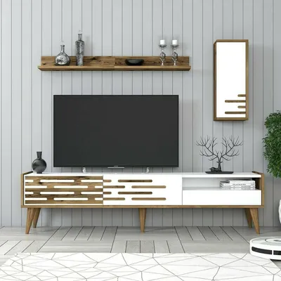 Image de Upana - Meuble TV, 180x45x35h cm Blanc, 2 Étagères