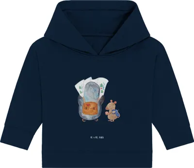 Produktbild von Mr. & Mrs. Panda Organic Baby Hoodie Pinguin & Maus Wanderer 12. - 18. Monat - French Navy - Geschenk, Wandern, Roadtrip, Kapuzenshirt, Wanderlust, Kapuzensweatshirt