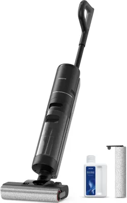 A black and gray wet dry vacuum cleaner with its accessories on a white background.