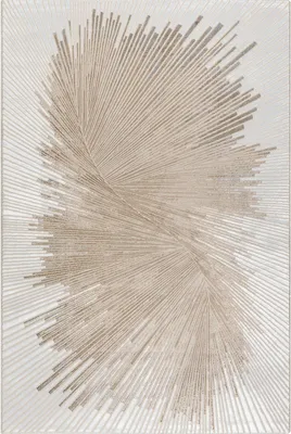 A modern abstract rug with a sunburst or feather-like design.