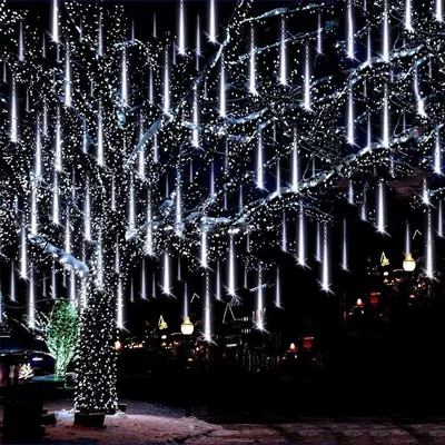 Produktbild von Lichterkette LED Meteorschauer Lichter Wasserdicht Außen Weihnachten Beleuchtung für Hochzeit Party Garten Baum Dekoration, 50CM 8Tubes, Weiß