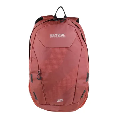 A studio shot of a red backpack against a white background.