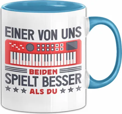 Produktbild von Keybord Tasse Geschenk Spruch Für Trompeten-Spieler Einer Von Uns Beiden Spielt Besser Als Du Becher (Blau)