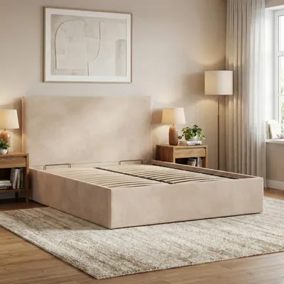 Produktbild von Polsterbett PAOLA 140x200 – Modernes Doppelbett mit Kopfteil und Holzlattenrost, ohne Bettkasten Beige Samt