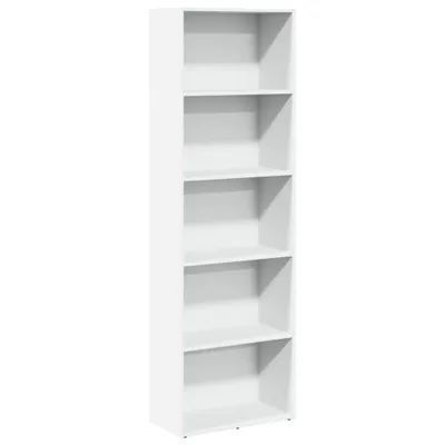 A tall, white, five-shelf bookcase is shown against a white background.