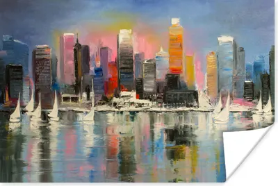 Produktbild von MuchoWow® Poster Gemälde - Öl - Skyline - Wasser 180x120 cm - Fotoplakat