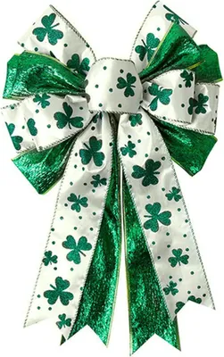 Produktbild von Schleife zum St. Patrick's Day, groß, weiß, grün, glitzernd, Kleeblatt-Schleife, irische Feiertagsdekoration, Schleifenknoten für Kranz, Baumspitze, Haustür