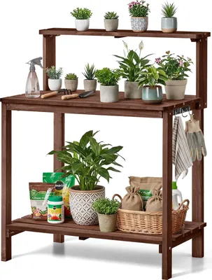 Image de Table de rempotage VEVOR, table de jardinage, table de jardinage avec grand plateau en bois, étagères et crochets, table à fleurs, table de rempotage d'extérieur pour terrasse et jardin, marron, style étagère, 910 x 495 x 1085 mm
