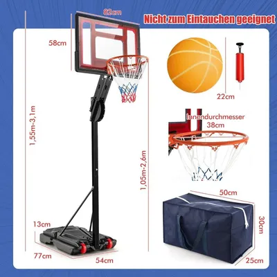 Immagine prodotto di Canestro da basket regolabile con supporto e ruote, 105-260 cm