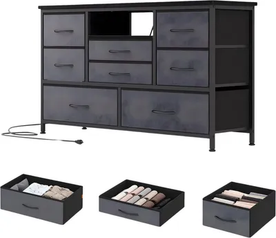 Productafbeelding van LED-commode met 8 lades - TV-meubel met LED-verlichting en ladefunctie - Metalen frame en stoffen lades - Grijs