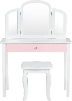 Productafbeelding van Kindermake-up tafel, kinderkosmetiek tafel set met afneembare spiegel en krukje, kaptafel voor meisjes vanaf 3 jaar, houten kaptafel met lades