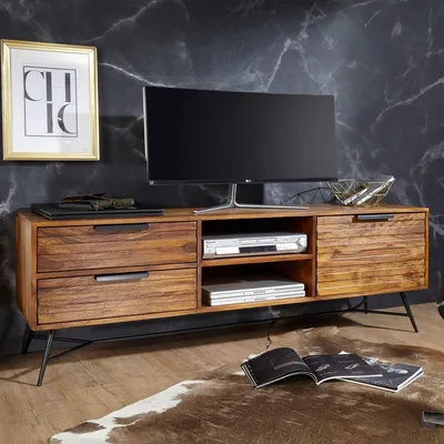Produktbild von FineBuy Lowboard NISHAN 160x54x40 cm Sheesham Massiv Holz Hifi-Board mit Stauraum und Schubladen Massivholz Fernsehschrank Wohnzimmer Industrial