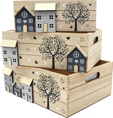 Produktbild von UNUS Holzkisten Aufbewahrungsbox Häuser Motiv mit Griffen 3er Set