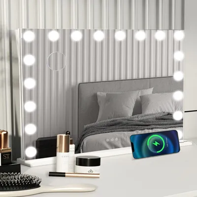 Produktbild von Puluomis Kosmetikspiegel Hollywood 18 LED 80x60cm 3 Lichtfarben Dimmbar Schminkspiegel Spiegel mit Beleuchtung, 10x Vergrößen, Wandspiegel weiß