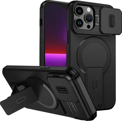 A black iPhone case with a kickstand and camera cover is shown from multiple angles against a white background.