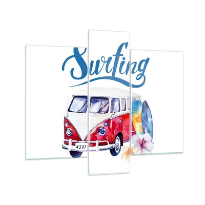 Produktbild von Bilder auf glas - Aquarell Surfbrett Palme Bäume - 95x80cm - Glasbilder - Wandbilder - Kunstdruck - zum Aufhängen bereit - Wanddekoration aus Glas - Glas Bilder - Wandbild auf Glas - GCB95x80-3112