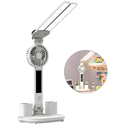 Produktbild von Faltbare LED-Schreibtischlampe,mit Ventilator und Uhr, 3 Beleuchtungsmodi, verstellbar, dimmbar, augenschonend, ideal zum Lesen, für Zuhause, Büro, Studentenwohnheim, Schlafzimmer