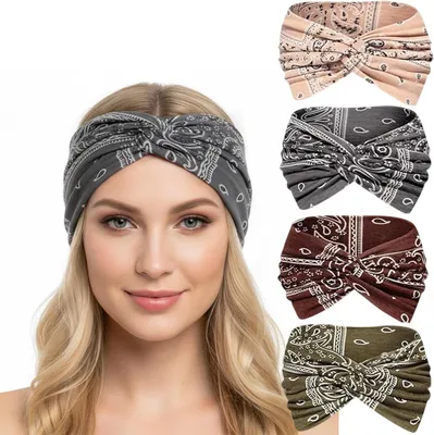 Produktbild von 4 Stück elastische, weiche Haarbänder für Damen, extra breite und dünne Stirnbänder im mehrfarbigen Boho-Stil für Yoga, Sport und Fitness