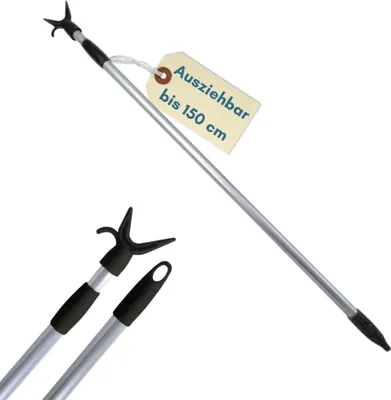 A telescopic pole with a hook attachment, shown against a white background. A small tag is attached to the pole.