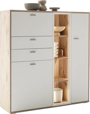 Produktbild von Wohnzimmer-Highboard mit 124 cm Breite in Eiche und weiß, mit 2 Schubladen, 1 Klappe, 2 Türen, 4 offenen Fächern & LED-Beleuchtung - SAGUNTO-05