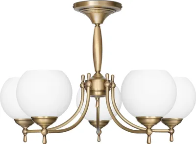 Produktbild von Kronleuchter Messing Goldpatina Matt-Glasschirm weiß matt Ø61x44cm 5xE27 300W Esszimmer Wohnzimmer klassisch elegant höhenverstellbar Decke