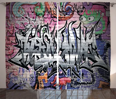 Produktbild von ABAKUHAUS Städtisch Rustikaler Vorhang, Graffiti Grunge Wandkunst, Wohnzimmer Universalband Gardinen mit Schlaufen und Haken, 280 x 260 cm, Mehrfarbig