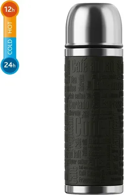 A black thermos bottle with a silver top is shown against a white background. A vertical indicator showing '12h HOT', 'COLD', and '24h' is on the left side of the image.