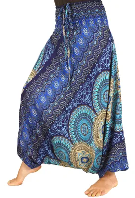 Produktbild von Afghani Hose, Overall, Jumpsuit, Haremshose, Pluderhose, Pumphose, Aladinhose - Blau/beige, Damen, Viskose, Hosen