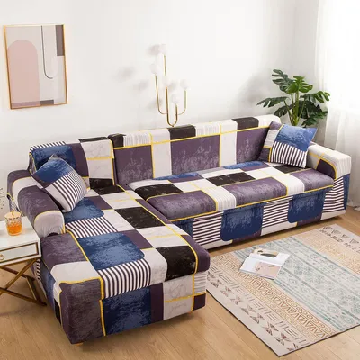 Produktbild von Sofa Überzug Couch Überzug 2er Set für Ecksofa L-Form Sofabezug 3 Sitzer+3 Sitzer, Universal Stretch Antirutsch Sofabezug, Braun/Blau