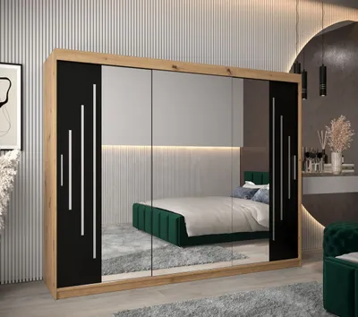 Produktbild von Kleiderschrank mit Spiegel PATRICIE – Breite 250 cm, Eiche artisan / schwarz