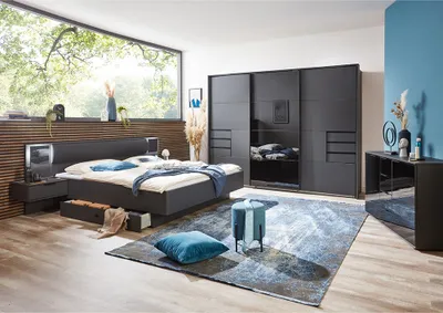 Produktbild von Schlafzimmer Set BRIXEN-43 mit Schwebetürenschrank inkl. Passepartoutrahmen in graphit mit schwarz