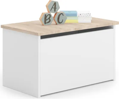 Produktbild von Spielzeugkiste Daria – Weiß und Sonoma Eiche | Großzügiger Stauraum mit Gasdruckfeder, Sicher und Stabil, Ideal für Kinderzimmer – 73x42x40 cm, Laminat