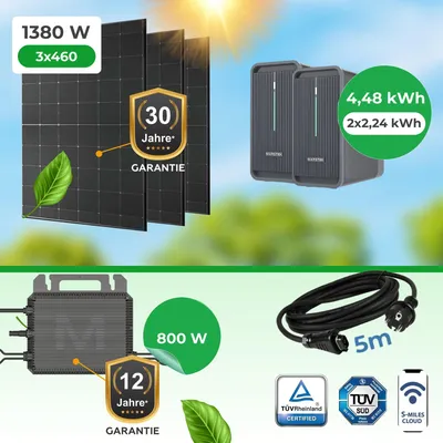 Produktbild von Balkonkraftwerk 1380W mit 3 bifazialen Glas-Glas-Modulen (460W) + Marstek Speicher 4,48 kWh + M2-800 Wechselrichter WiFi, App