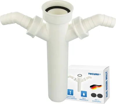 A white plastic sink siphon with two inlet connections and a box with product information.
